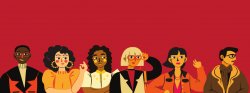 red background with pop-art graphics of a diverse group of people