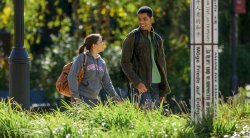 Photos of two students walking on campus.