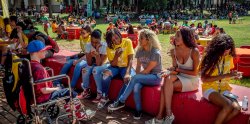 students sitting on wall near main quad