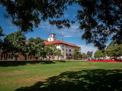 The view from the Student Center Quad on a sunny day.