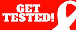 Graphic with a red background and white ribbon symbol with the words Get Tested.