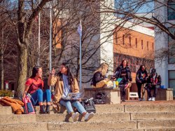 A handful of students sitting outside enjoying the day.