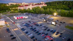 aerial shot of lot 60 in the evening with cars in it
