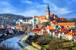 View of the old town of Cesky Krumlov, Czech Republic.