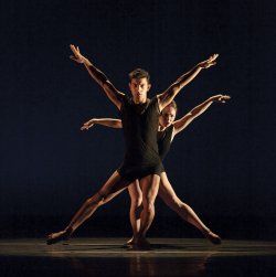 Photo of several dancers lined up to appear as one.