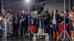 Press and cameras covering Lt. Governor debate at Montclair State University.