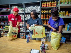 Three students bagging food