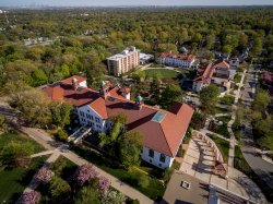 Photo of ariel view of Montclair State University campus buildings.