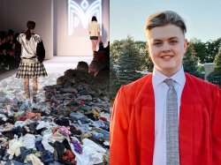 Collage of two photos, headhost of Nick Beyers and Fast Fashion imagery